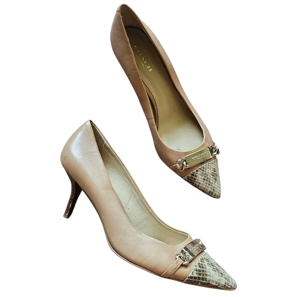 Coach Women's Leather Tan and Cream Chain Detail Heels Shoes Size 6.5 - Picture 7 of 9